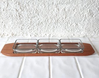Skandinavisches Mid-Century Servier-Set aus Glas und Teak