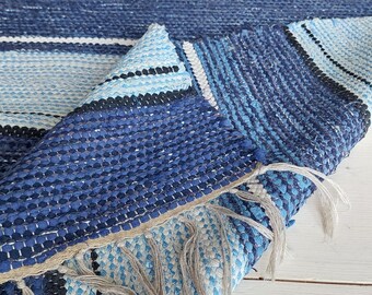 Vintage handgeweven loper met Finse blauwe strepen, 70 x 180 cm