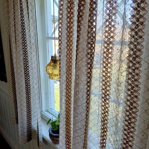 2 Vintage Scandinavian Curtain 70s Boho Mid Century Modern Woven Sheer Panel Beige Brown Diamond Pattern Light Retro Drapery 70s Textile