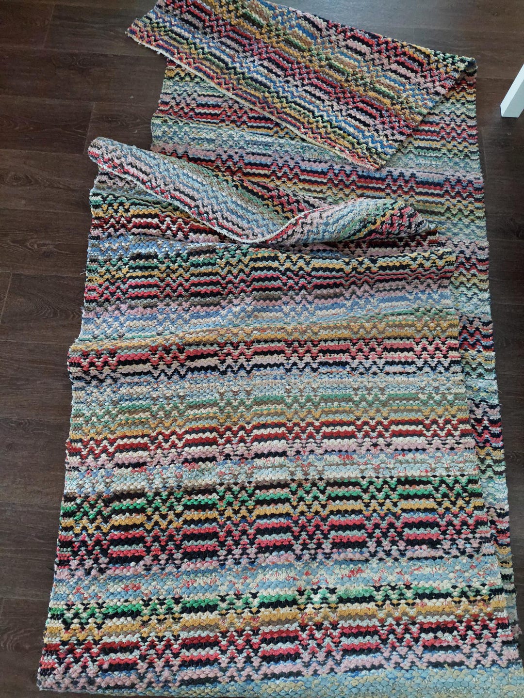 Vintage Long Scandinavian Zigzag Rag Rug Colorful Eclectic Handwoven