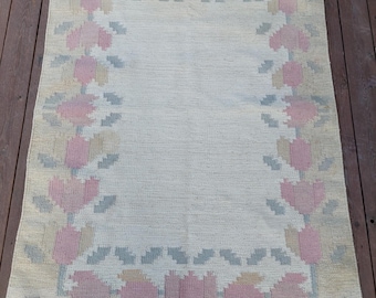 Vintage Swedish Röllakan Wool Rug Handwoven Pastel Tulip Design 175x115 Scandinavian Folk Art Kilim Nordic  Farmhouse Home