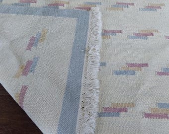 Vintage Swedish Röllakan Rug, Handwoven Wool Flat Weave, Pastel Geometric Design