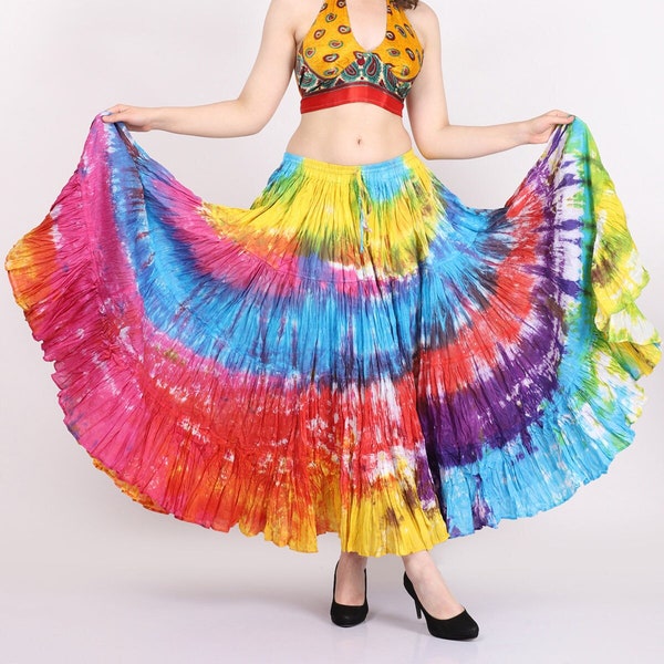 Vrouwen 25 Yard Tribal ATS Buikdans 100% Katoen Multicolor Tie Dye, 4 Tiered Boho, Flamenco, Zigeuner lange rok