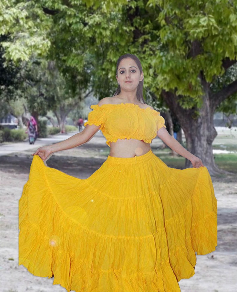 YELLOW Cotton Tribal Fusion Gypsy 25 Yard 4 Tier Skirt Belly Dancing Flamenco
