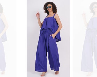 Dames tweedelige gekreukte jumpsuit met bandjes, vierkante hals, losvallende rompertjes met wijde pijpen, geassorteerde set