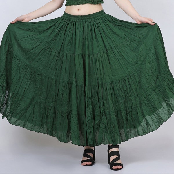 Women's 12 Yard Tribal ATS Belly Dance 100% Cotton Green Color, 4 Tiered Bohemian, Flamenco, Gypsy long Skirts