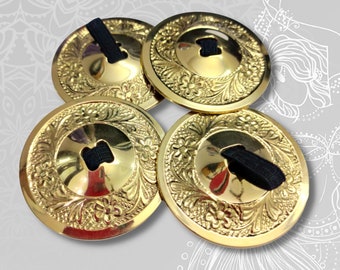 Women's 4 Pcs/2 Pairs Professional Belly Dancing Finger Brass Cymbals/Zills/Sagats Musical Instrument for Belly Dancer Party (Emboss Gold)