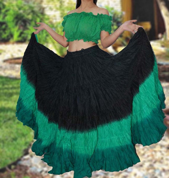 Green Cotton Gypsy 4 Tiered 10 Yard Skirt Belly Dance Flamenco Tribal Jupe
