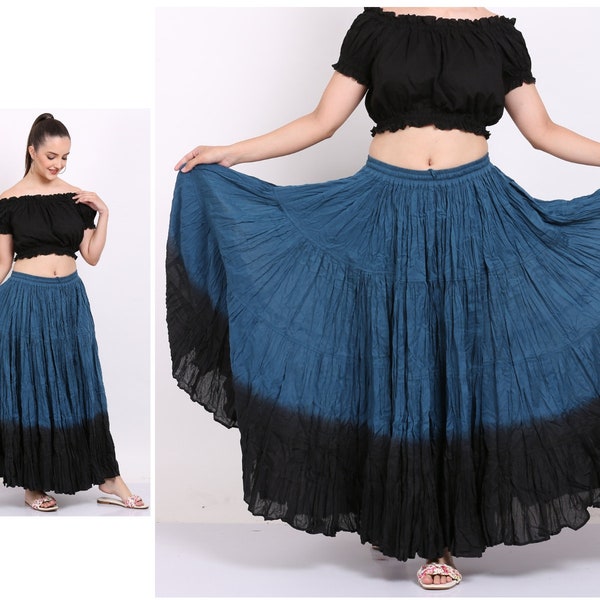 Faldas largas de 25 yardas Tribal ATS para danza del vientre 100% algodón, 4 niveles, boho, flamenco, gitana, color verde azulado/negro