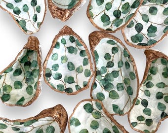 Green Botanical Oyster Shell Ring Dish, Gold Trim Coastal Trinket Dish