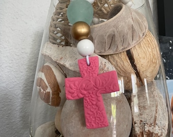Cross Car Charm: Polymer Clay Cross Blessing Bead with Sea Glass