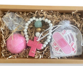 Faith & Self-Care Gift Box | Pink Cross Car Charm, Bath Bomb, Christian Stickers : Limited Edition