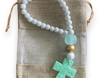 Cross Car Charm: Polymer Clay Cross Blessing Bead with Sea Glass