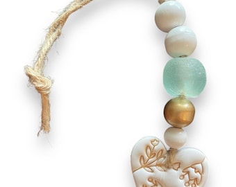 Heart Blessing Bead Car Charm: Polymer Clay, Sea Glass & Wood