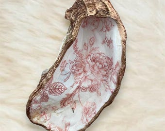 Pink Chinoiserie Oyster Shell Ring Dish: Gold Coastal Decor | Pink Flower Vintage