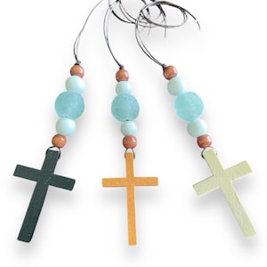 Wooden Car Cross Charm: Sea Glass Accent, Leather Cord - Christian Gift