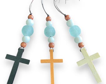 Wooden Car Cross Charm: Sea Glass Accent, Leather Cord - Christian Gift