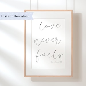 Love Never Fails Scripture, Minimalist Calligraphy Wall Decor, 1 Corinthians Bible Verse Printable