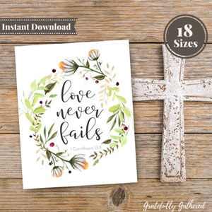 Love Never Fails, Printable Watercolor Floral Wreath, Scripture Calligraphy Quote