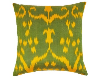 ikat pillow cover // silk ikat pillow, green yellow ikat pillow, silk throw pillows, modern decor, handmade cushion