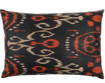 black ikat lumbar pillow - silk ikat cushion - boho ethnic pillow