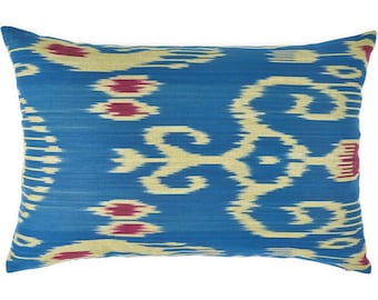 silk ikat lumbar pillow - blue ikat cushion - ethnic pillow cover - decorative pillows for couch