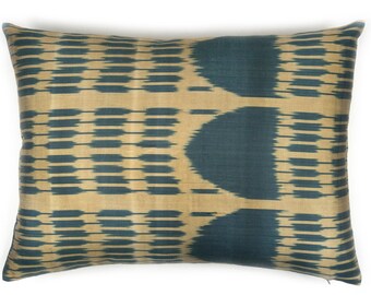 blue ikat lumbar pillow - silk ikat cushion - blue vintage pillow