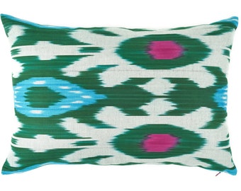 green ikat lumbar pillow cover - silk ikat cushion - designer pillows