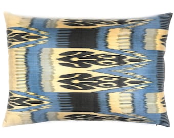 blue ikat pillow - silk ikat lumbar pillow - ikat cushion - blue ethnic cushion