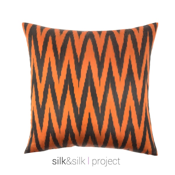 orange decor ikat pillow covers 18x18 - chevron ikat cushion - silk boho pillow case