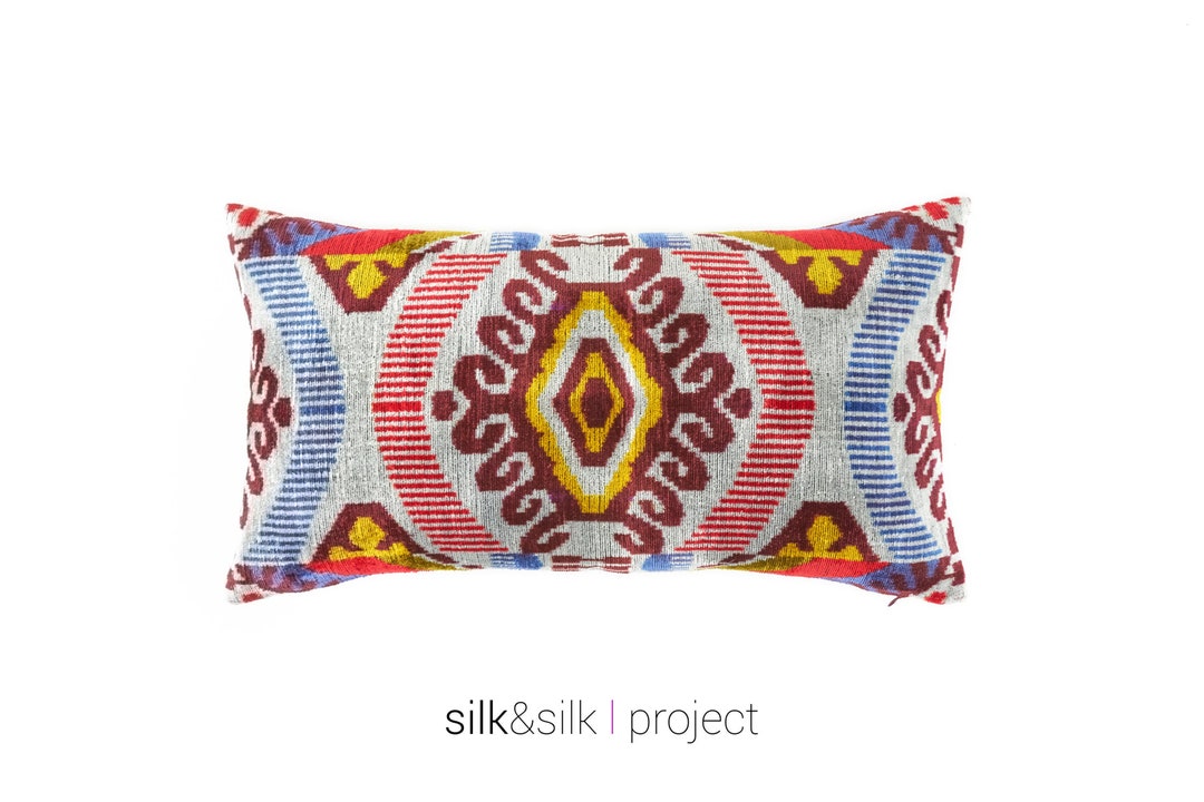 Velvet Ikat Lumbar Pillow Cover Silk Velvet Ikat Cushion Ethnic Boho