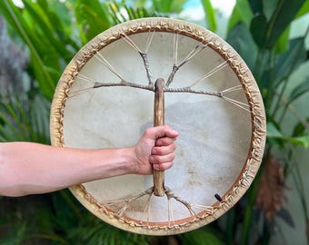 Shaman Drum , EasyTune Shamanic Frame Drum from Natural goat Skin , Tunable  Deep Sound Healing Drums + Drumstick - PLANT A TREE