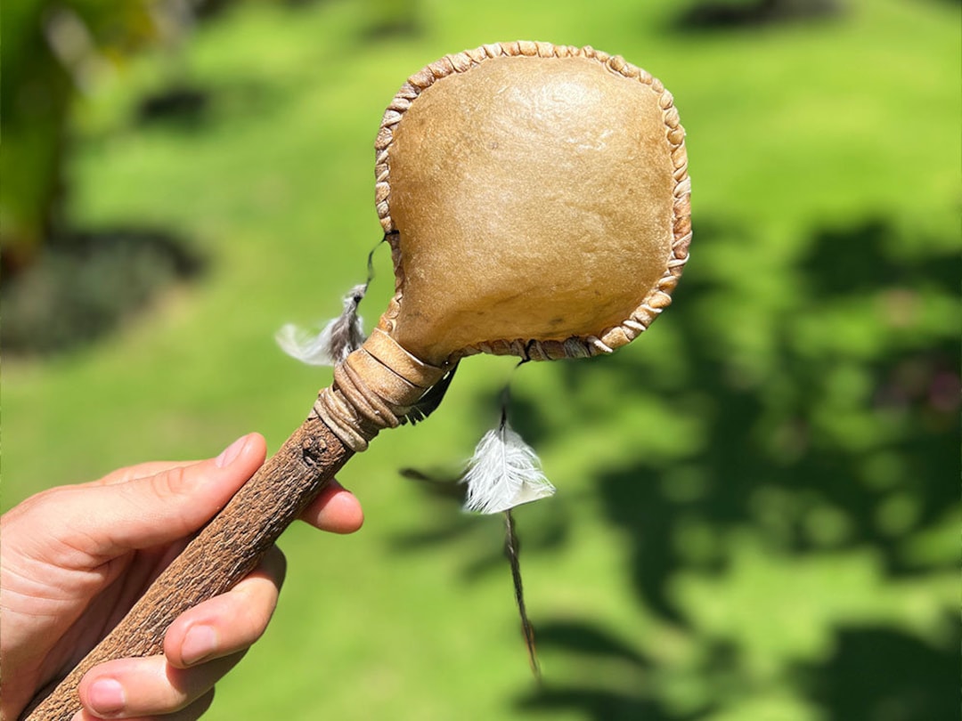 Shaman Rattle , Handmade Shamanic Natural Wood, Feather & Goat Skin ...