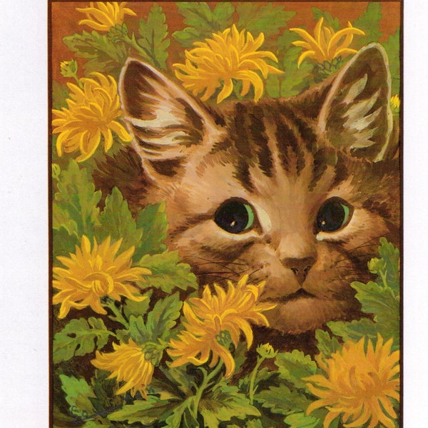 Famous Louis Wain Cat Print "Cat in the Flowerbed"  Fine Art Illustration Book Plate Page Vintage Print Frameable Glossy Finish