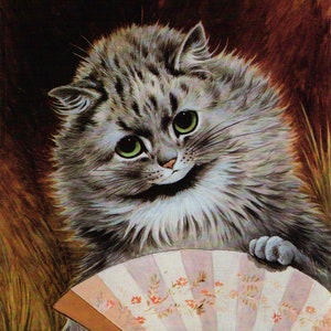 Famous Louis Wain Cat Print &quot;The Flirt with the Fan&quot;  Fine Art Illustration Book Plate Page Vintage Print Frameable Glossy Finish