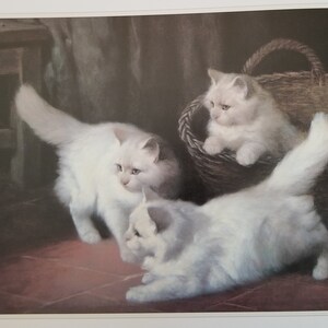 Famous Arthur Heyer Cat Print &quot;Three White Angora Kittens&quot;  Fine Art Illustration Book Plate Page Vintage Print, Frameable