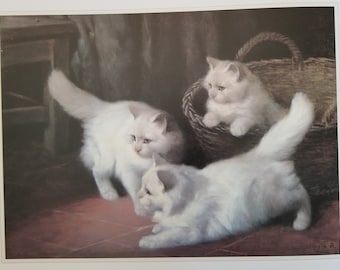 Famous Arthur Heyer Cat Print "Three White Angora Kittens"  Fine Art Illustration Book Plate Page Vintage Print, Frameable