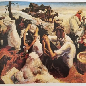 Famous Thomas Hart Benton Print &quot;Cotton Pickers&quot; Fine Art Illustration, Book Plate Page, Vintage Print, Frameable, Glossy Finish