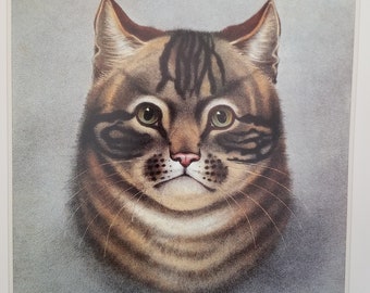 Famous (Artist Unknown) Cat Print "Tabby Cat"  Fine Art Illustration Book Plate Page Vintage Print, Frameable, Glossy Finish