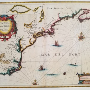 New England New Netherlands Virginia,Jansson,"Nova...", Boekplaatpagina, illustratie voor beeldende kunst, oude wereldkaarten, vintage afdrukken, frameable