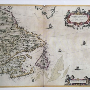Eastern Canada & Labrador,1662,Blaeu"Extrema Americae....", Página de la placa del libro, Ilustración de bellas artes, Mapas del Viejo Mundo, Impresión Vintage, Encuadre