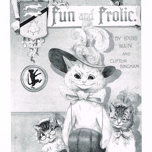 Beroemde Louis Wain Cat Print "Fun and Frolic" Fine Art Illustratie BoekPlaat Pagina Vintage Print, Frameable, Glanzende Afwerking