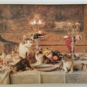 Famous Louis Eugene Lambert Cat Print &quot;Kittens At A Banquet&quot;  Fine Art Illustration Book Plate Page Vintage Print, Frameable