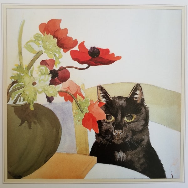 Famous Rosalind Stoddart Cat Print "Winston With Anemones"  Fine Art Illustration Book Plate Page Vintage Print, Frameable