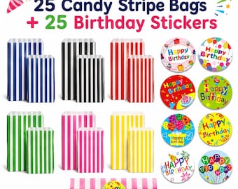 Candy Stripe Paper Bags & Birthday Stickers Set | Party Favors, Sweets, Goodie Bags