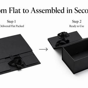 May include: A black rectangular box shown in two states with the text From Flat to Assembled in Seconds. Step 1 shows the box delivered flat packed. Step 2 shows the box ready to use with a black ribbon closure and a hinged lid design.