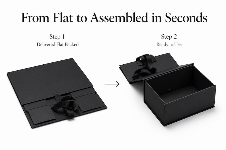 May include: A black rectangular box shown in two states with the text From Flat to Assembled in Seconds. Step 1 shows the box delivered flat packed. Step 2 shows the box ready to use with a black ribbon closure and a hinged lid design.