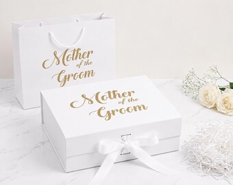 Mother of The Groom Gift Box: White Keepsake, Silver/Gold Lettering