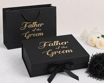 Father of the Groom Gift Box | Luxury Black Keepsake, Silver/Gold Lettering