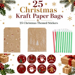 May include: A set of 25 Christmas kraft paper bags and 25 Christmas themed stickers. The bags feature gingerbread men, white pine trees, and red and green stripes. The round stickers display holiday icons like Santa, bells, and trees.
